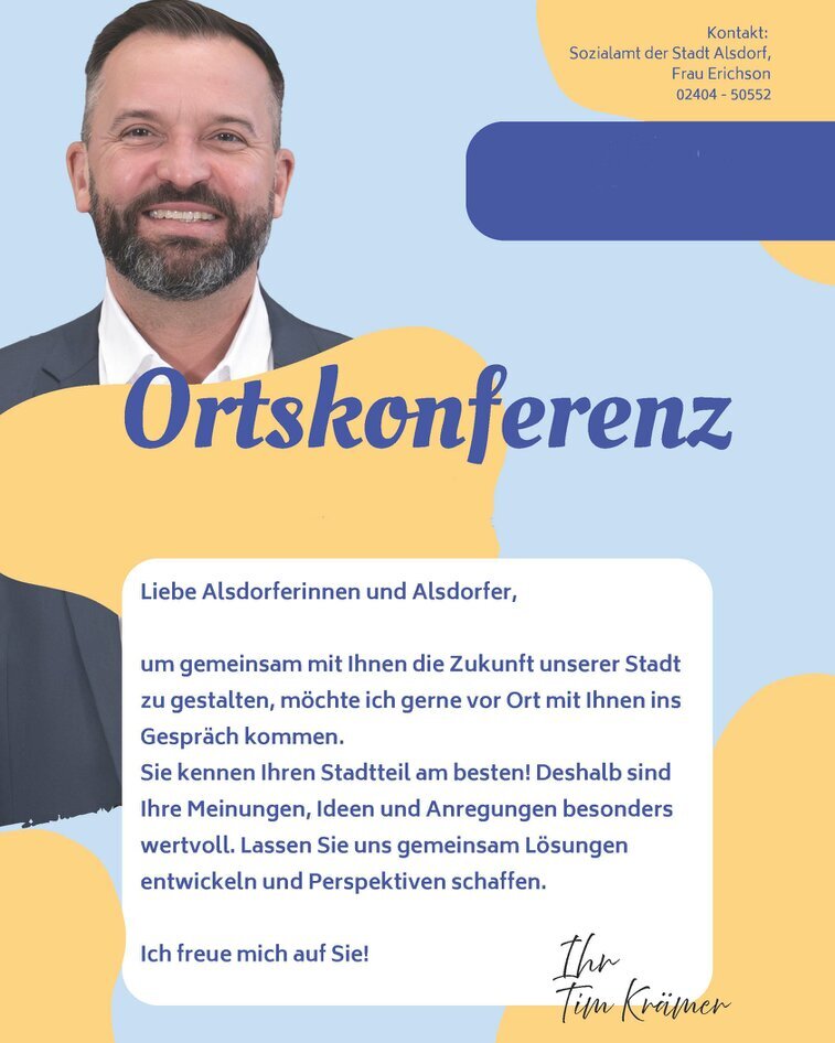 hier steht eine Ankündigung für die Ortsteilkonferenzen, auf der Bürgermeister Tim Krämer direkt mit den Bürgerinnen und Bürgern ins Gespräch kommen möchte